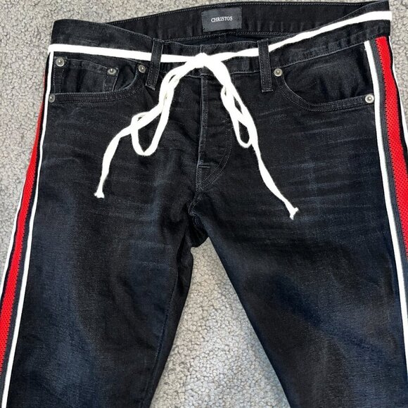 CHRISTOS NEW YORK The Track Jogger Black Jean Slim w/Red & Black Stripe Men's 30 - Picture 3 of 12